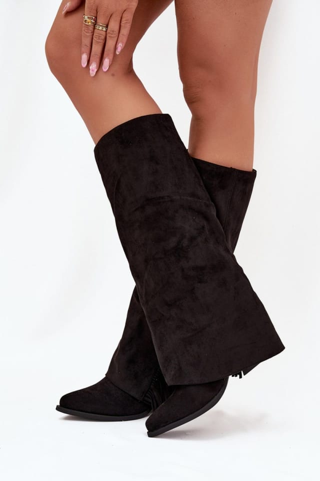 Love Lace Love Lace Women's Fringe Slip On Cowboy Chunky Heel Boots in Suede Pointed Toe in Black - 3
