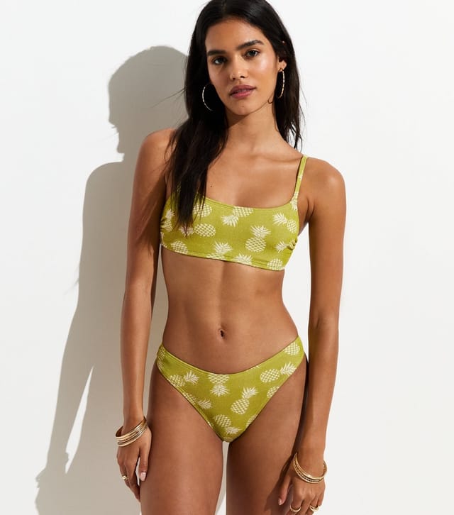New Look Women's Green Pineapple Jacquard Crop Bikini Top New Look - 3