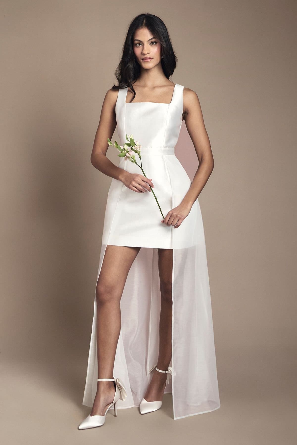 Coast Coast Women's Petite Twill Mini Wedding Dress With Organza Skirt in Ivory