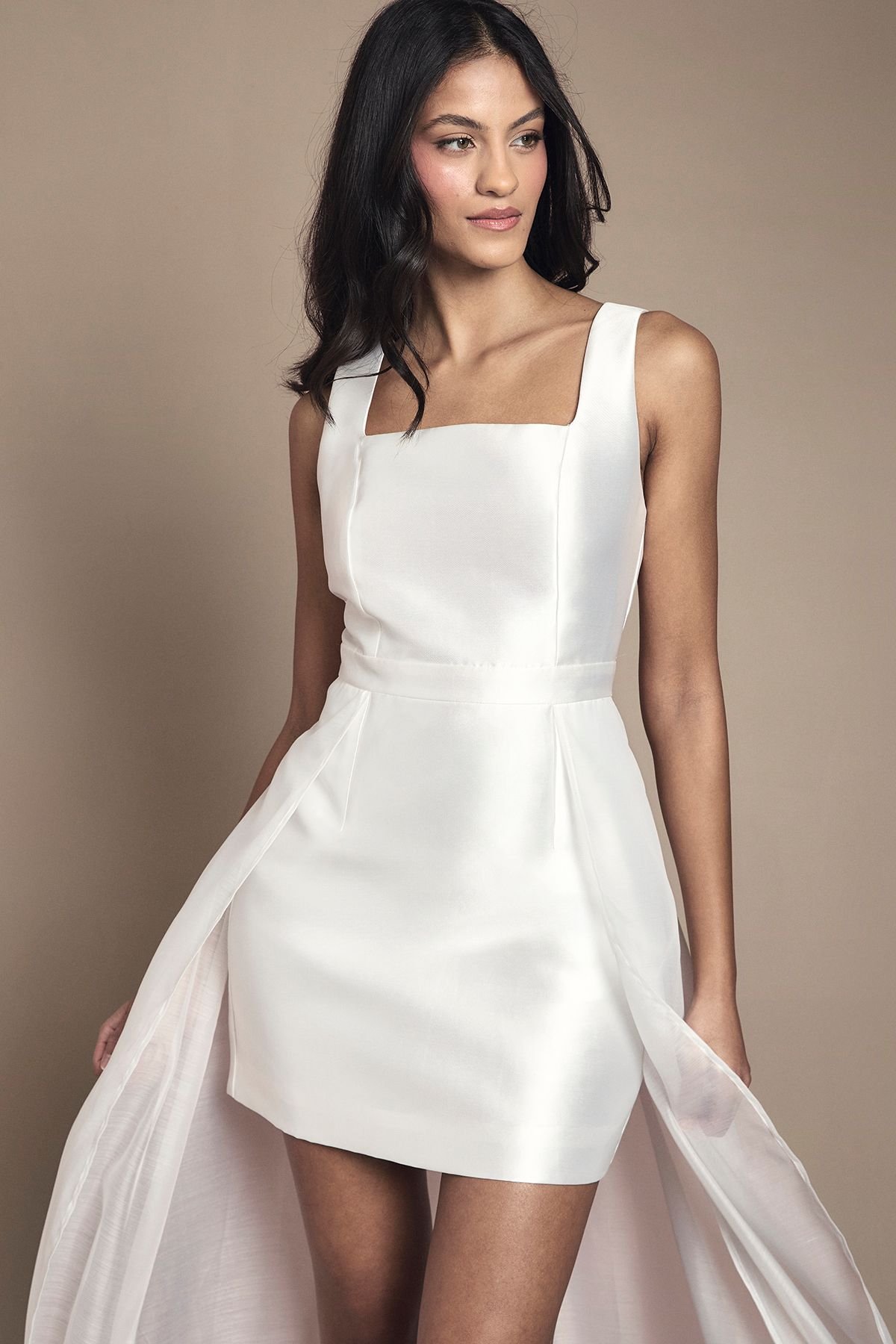 Coast Coast Women's Petite Twill Mini Wedding Dress With Organza Skirt in Ivory - 2