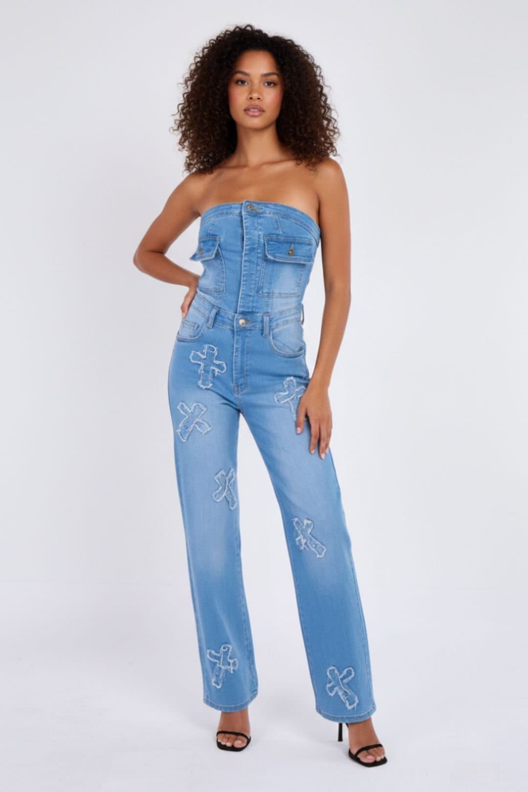 STYLEWISE STYLEWISE Women's Cross Patch Bandeau Denim Jumpsuit in Blue