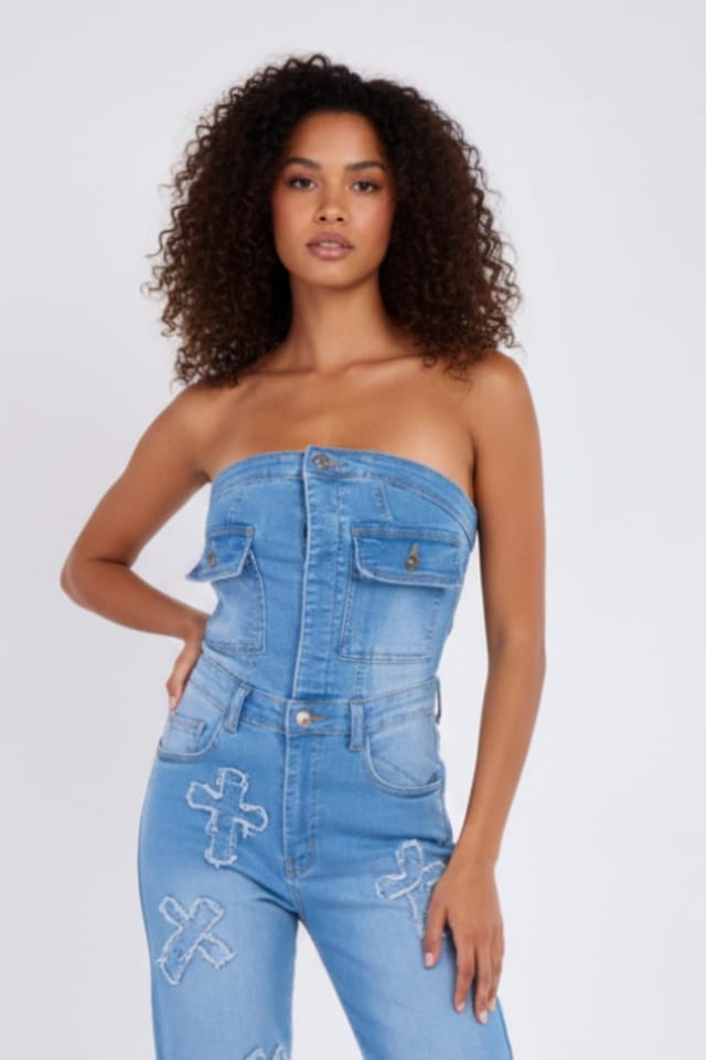 STYLEWISE STYLEWISE Women's Cross Patch Bandeau Denim Jumpsuit in Blue - 2