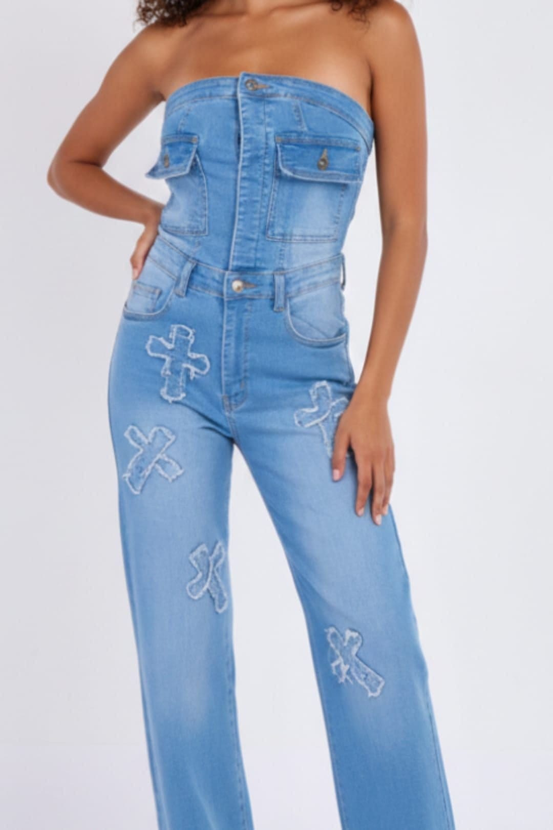 STYLEWISE STYLEWISE Women's Cross Patch Bandeau Denim Jumpsuit in Blue - 4