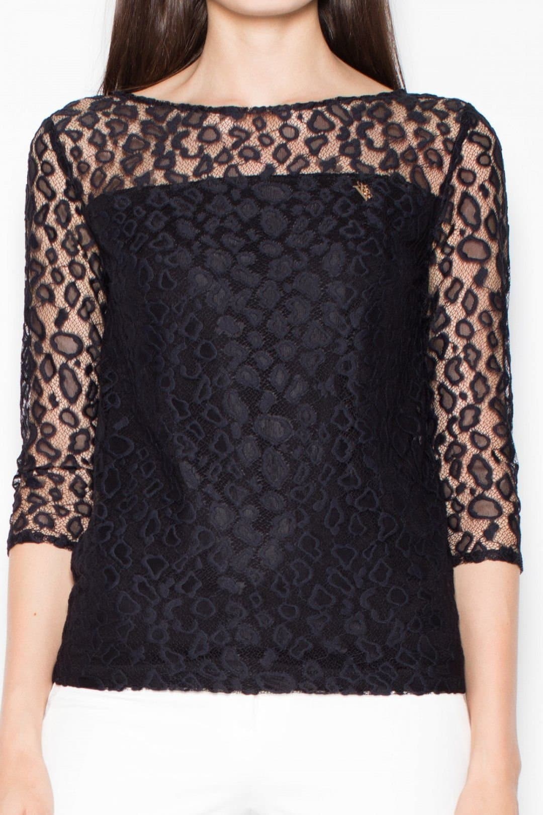 Love Lace Love Lace Women's Chic 3/4 Sleeve Blouse Sheer Top in Black