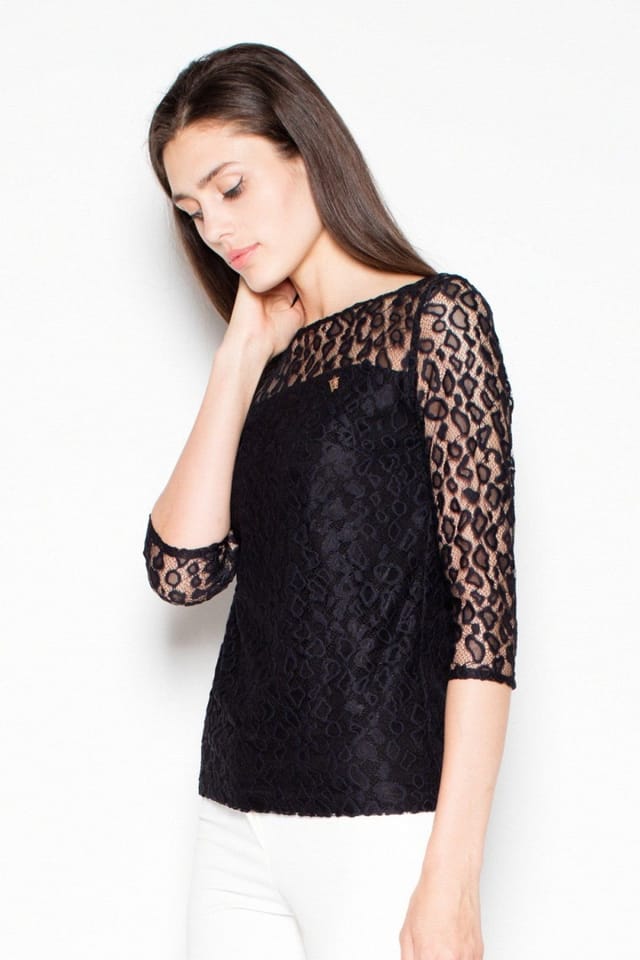 Love Lace Love Lace Women's Chic 3/4 Sleeve Blouse Sheer Top in Black - 2