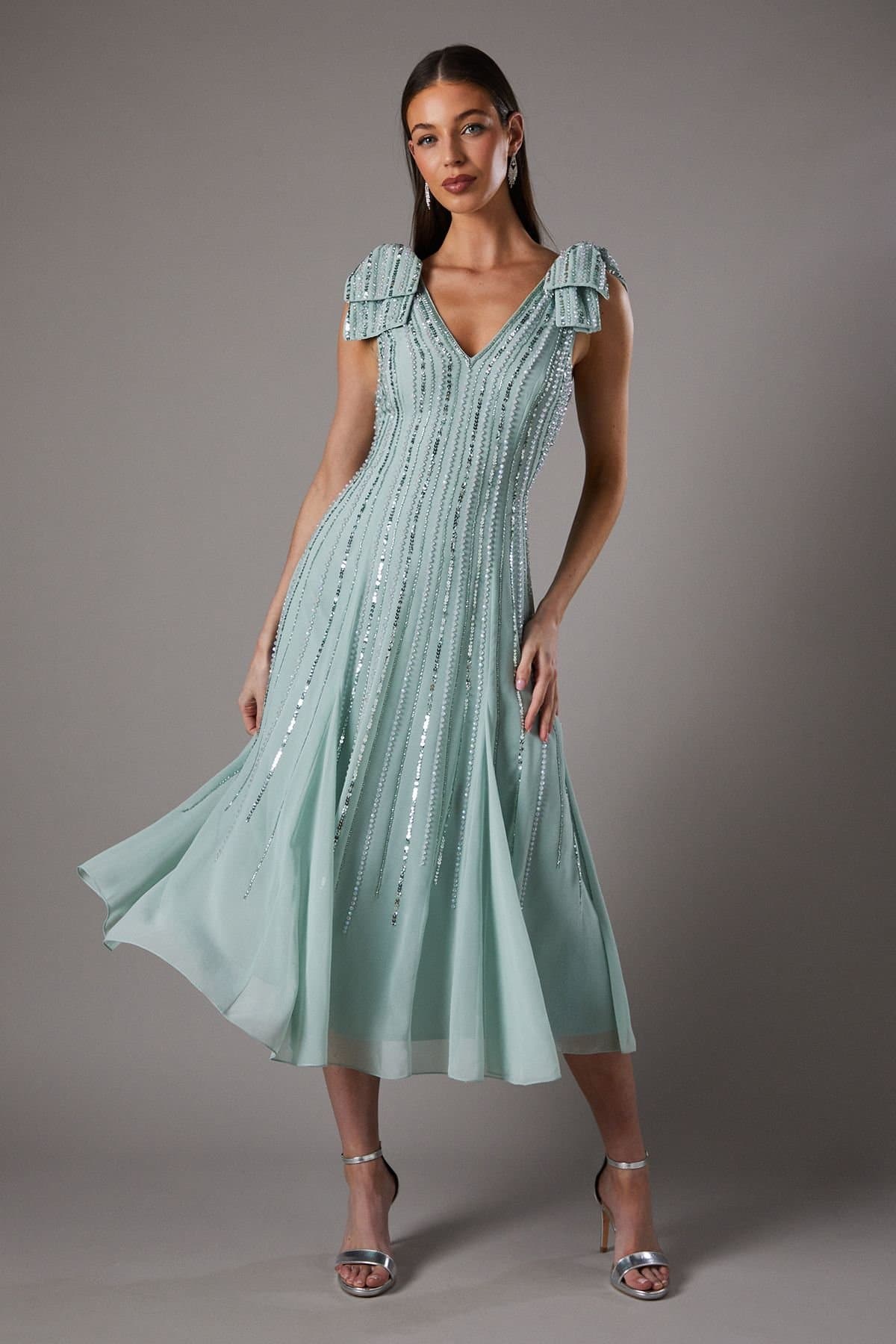Coast Coast Women's Bow Shoulder Embellished Midi Dress in Sage