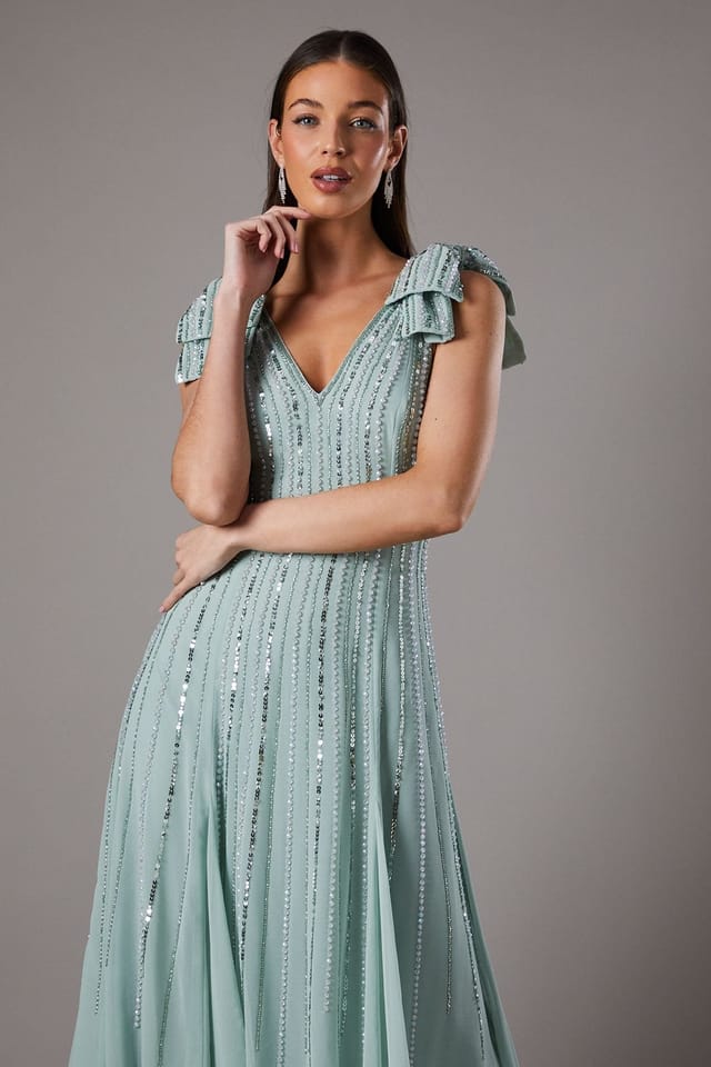 Coast Coast Women's Bow Shoulder Embellished Midi Dress in Sage - 2