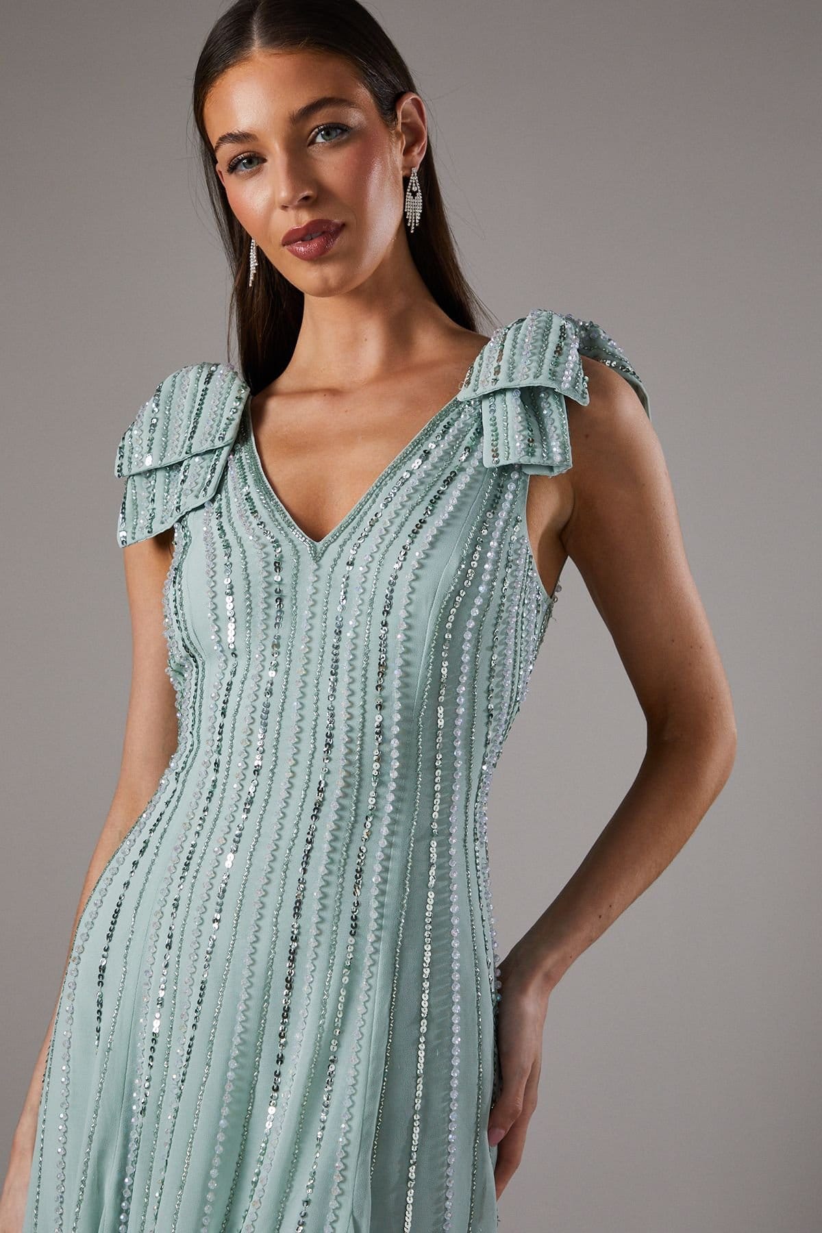 Coast Coast Women's Bow Shoulder Embellished Midi Dress in Sage - 4
