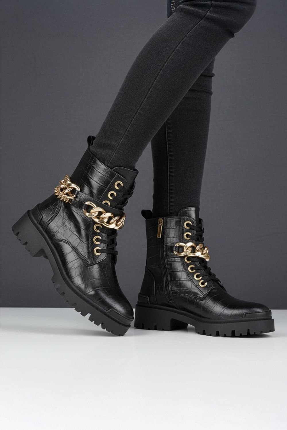 Amen Shoes Amen Shoes Women's Roxanne Croc Effect Chain Leather Ankle Boots in Black