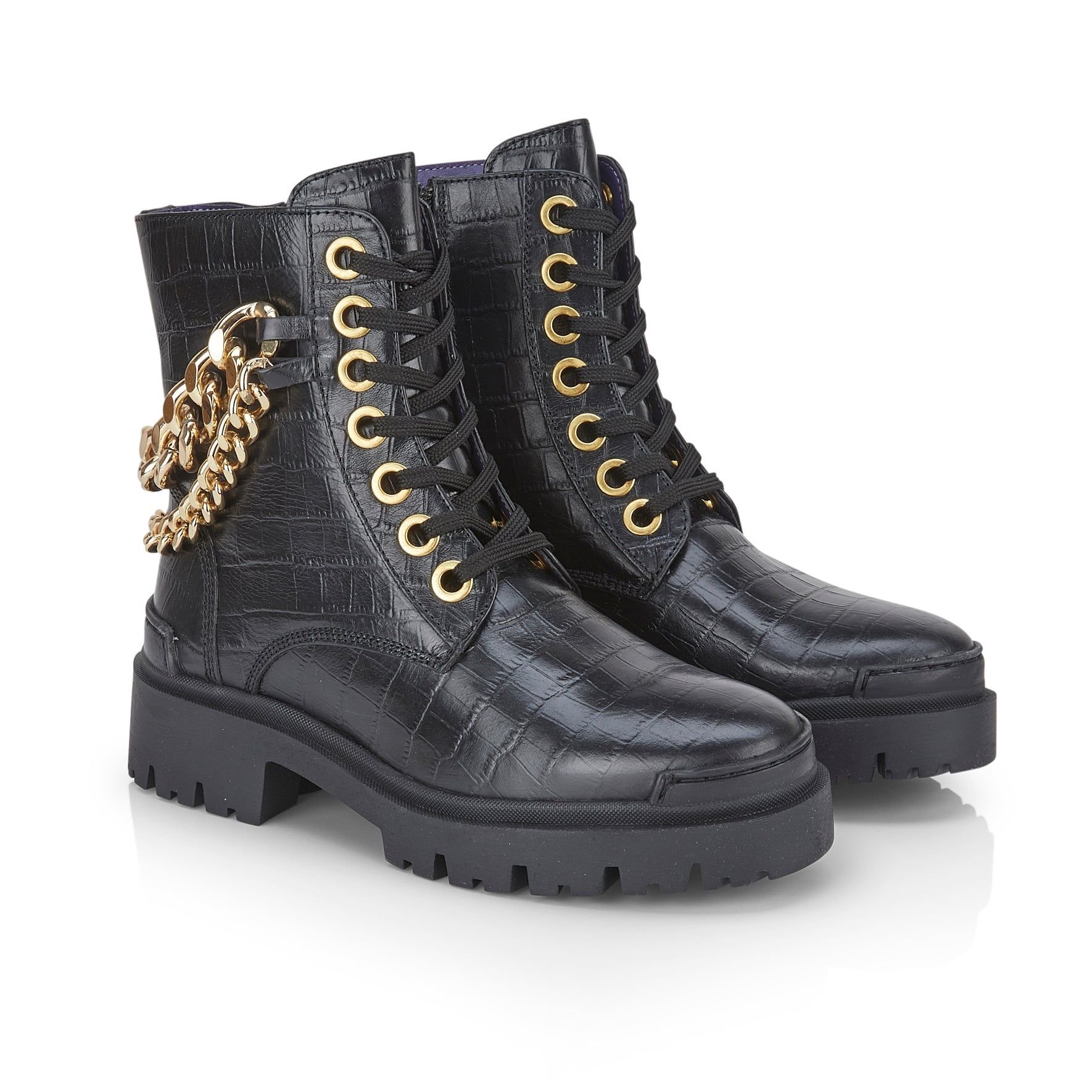 Amen Shoes Amen Shoes Women's Roxanne Croc Effect Chain Leather Ankle Boots in Black - 2