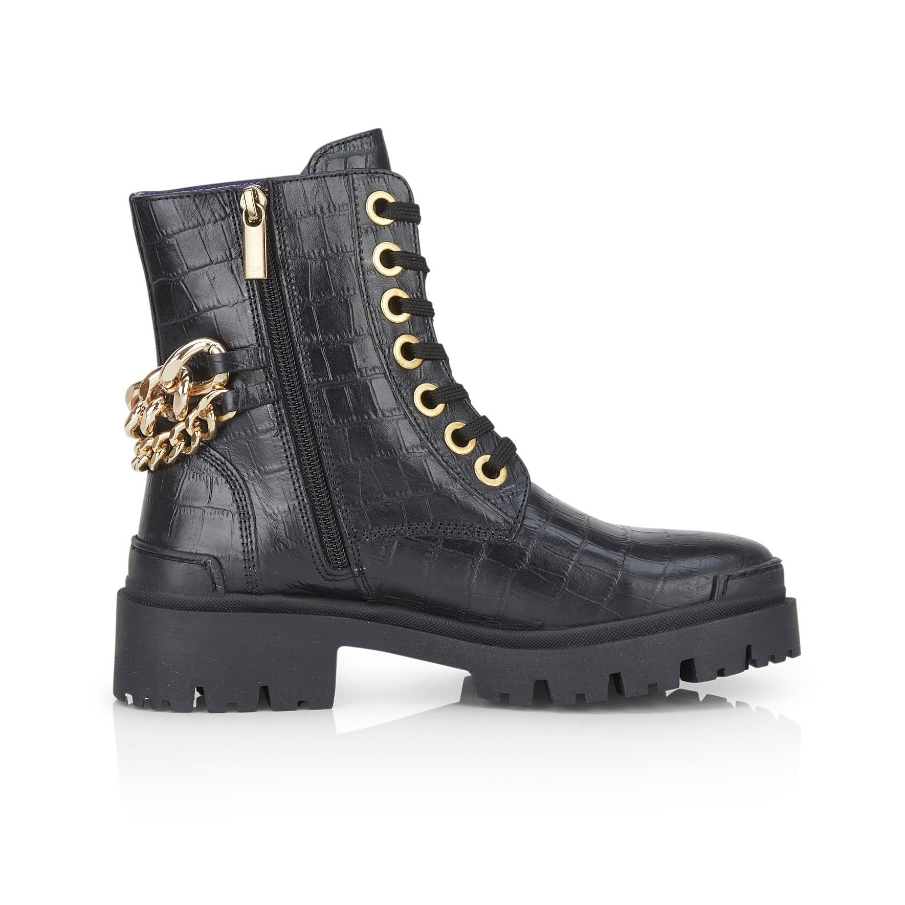 Amen Shoes Amen Shoes Women's Roxanne Croc Effect Chain Leather Ankle Boots in Black - 3