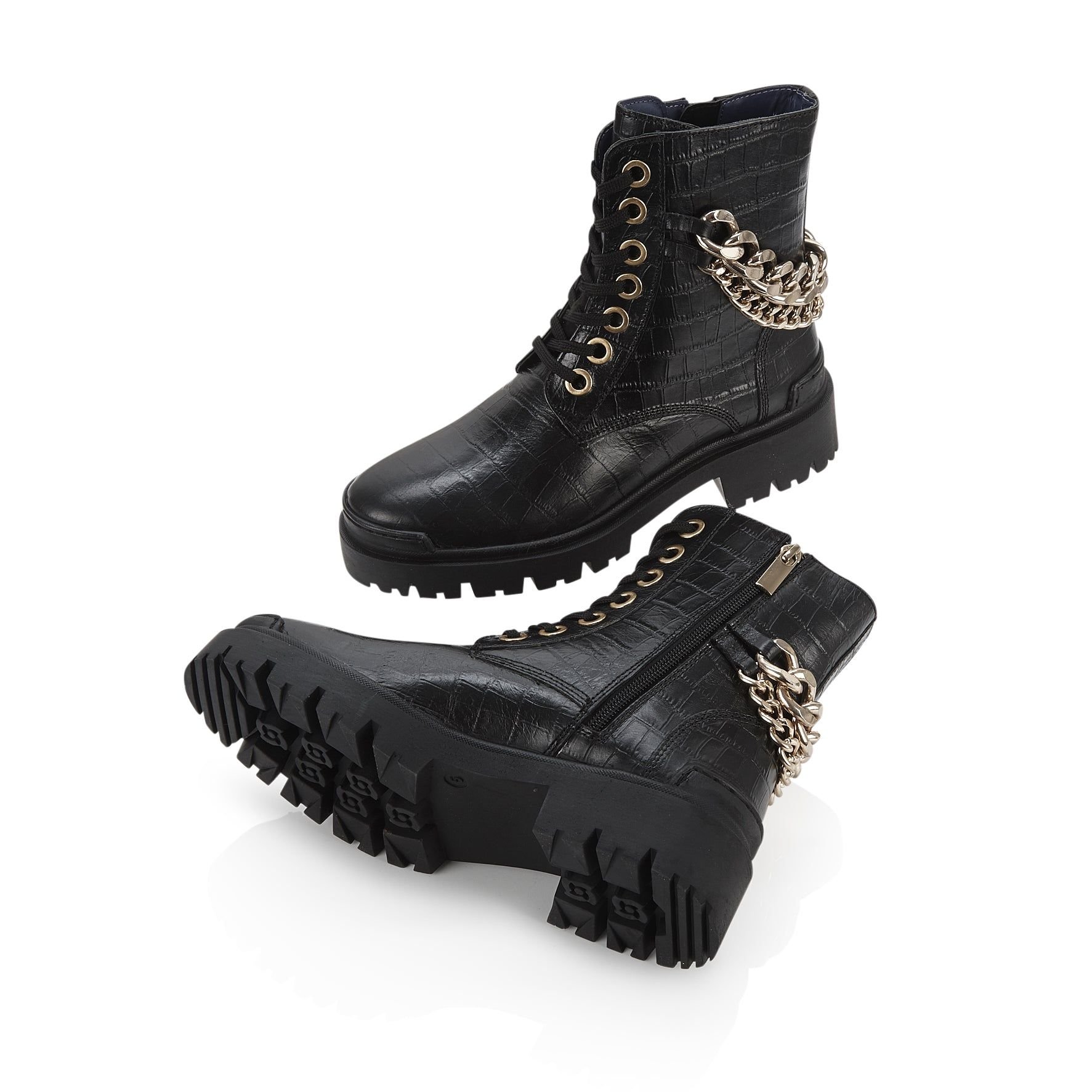 Amen Shoes Amen Shoes Women's Roxanne Croc Effect Chain Leather Ankle Boots in Black - 4