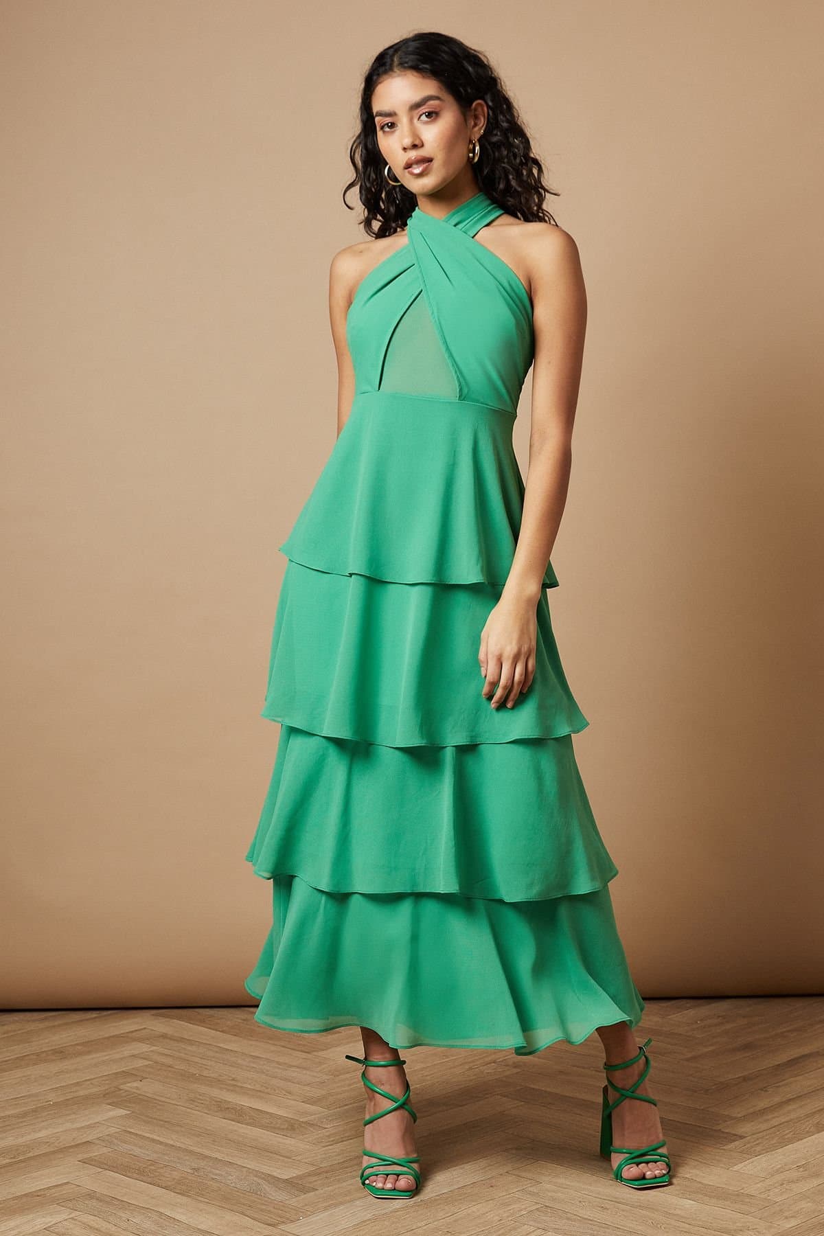 Oasis Oasis Women's Petite Halter Neck Cutout Tiered Maxi Dress in Green