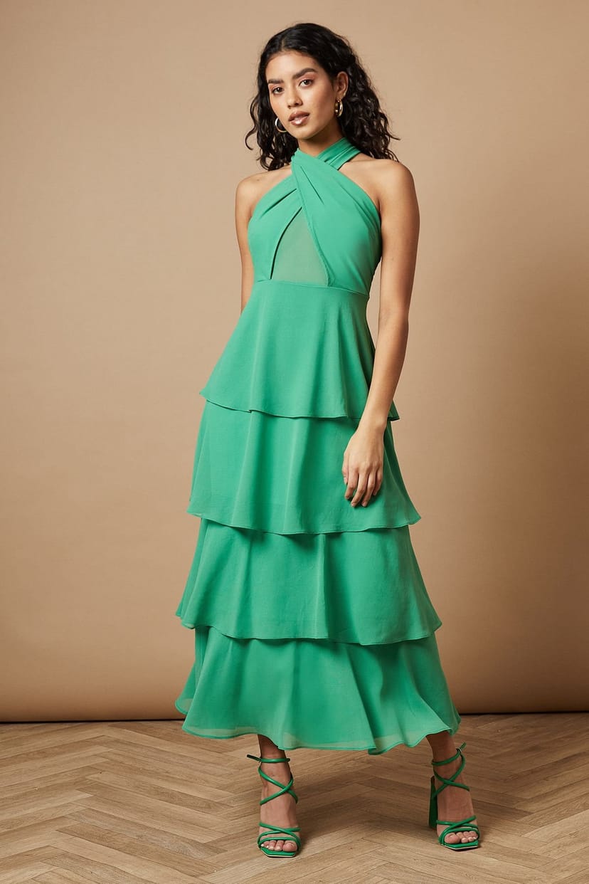 Oasis Oasis Women's Petite Halter Neck Cutout Tiered Maxi Dress in Green - 1