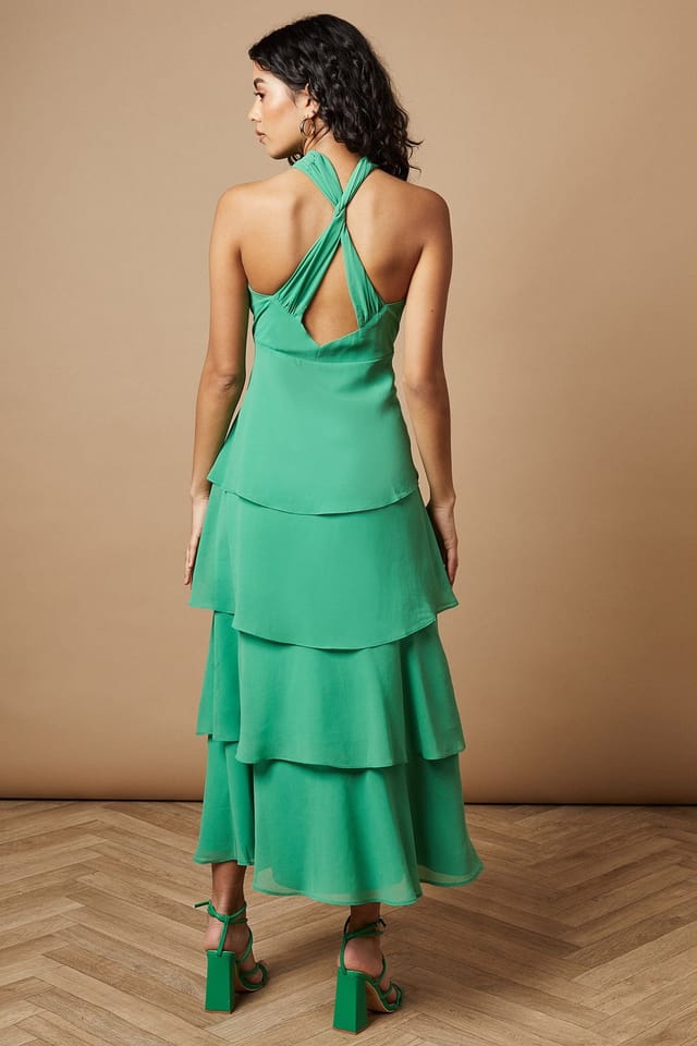 Oasis Oasis Women's Petite Halter Neck Cutout Tiered Maxi Dress in Green - 3