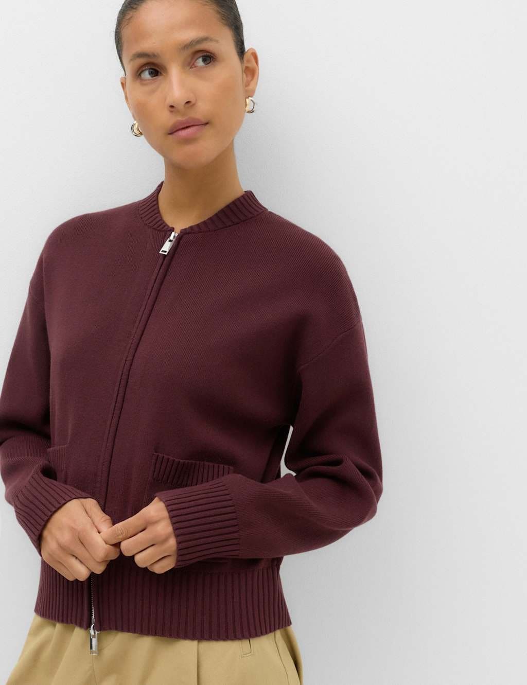 Marks & Spencer M&S Dark Claret Zip Up Knitted Bomber Cardigan