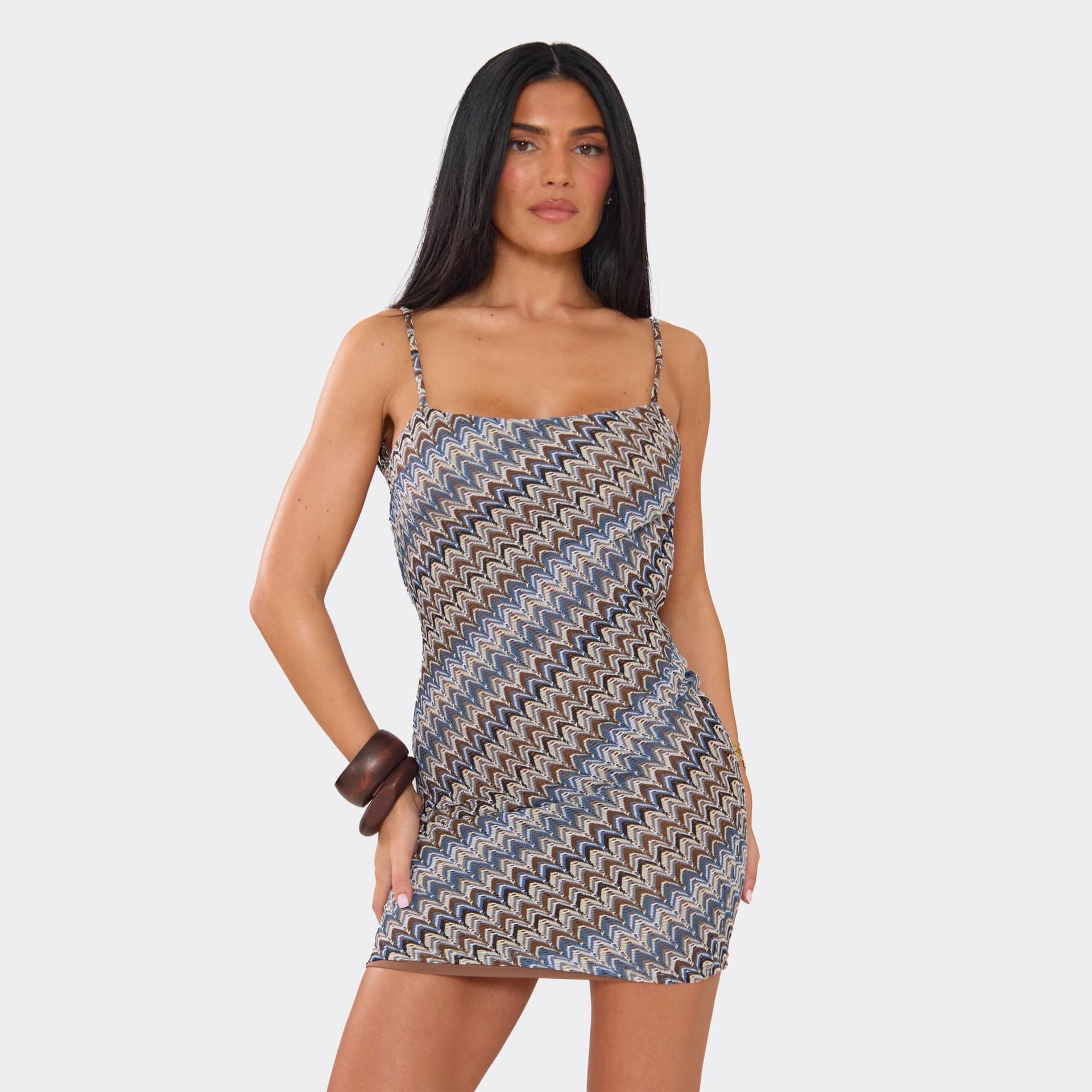 EGO Strappy Backless Mini Dress In Blue Zigzag Printed Texture., Women's Size UK 6