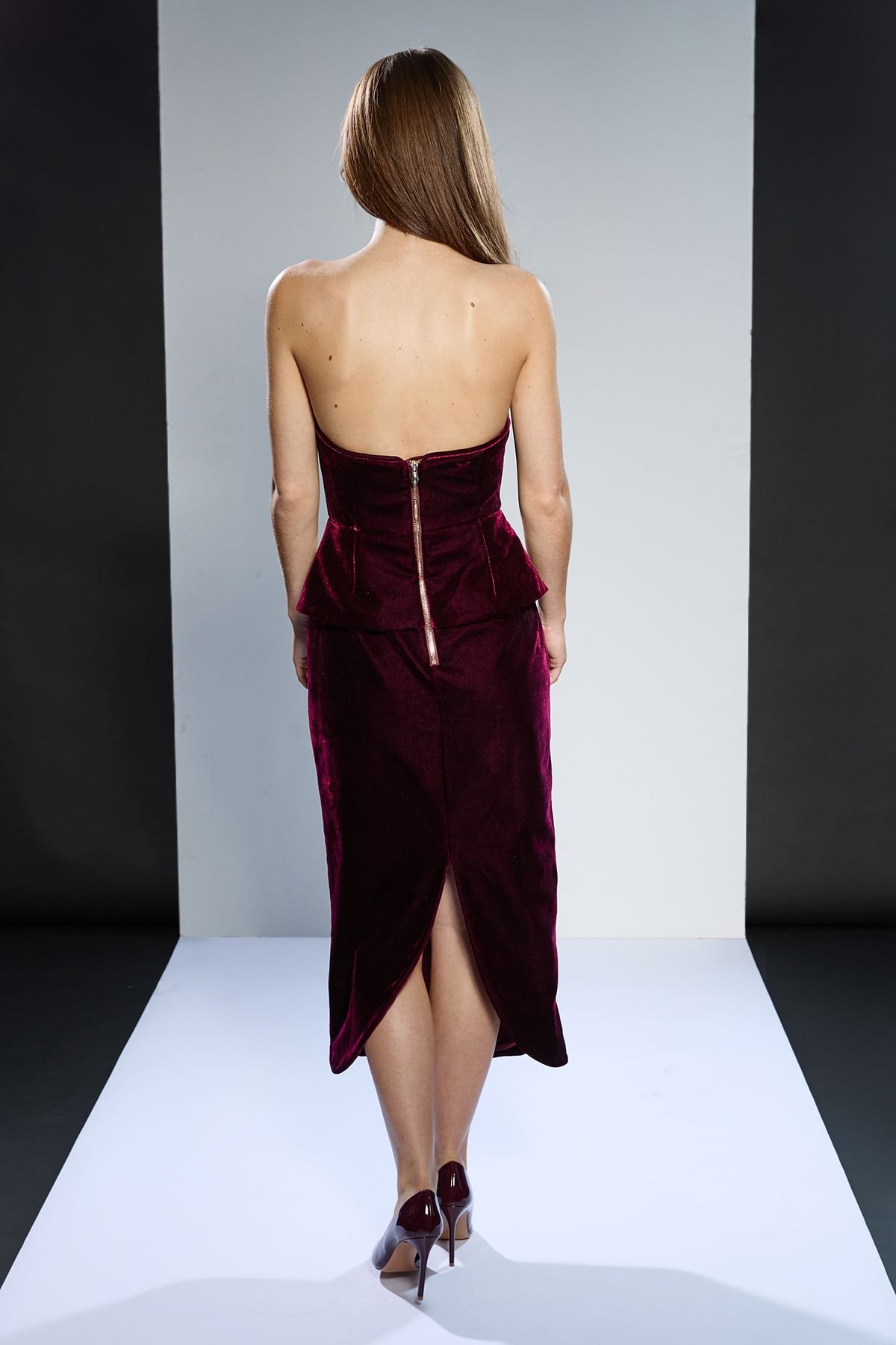 RUNWAY 1.8.1.8 RUNWAY 1.8.1.8 Women's Stretch Velvet Strapless Dress in Plum - 3