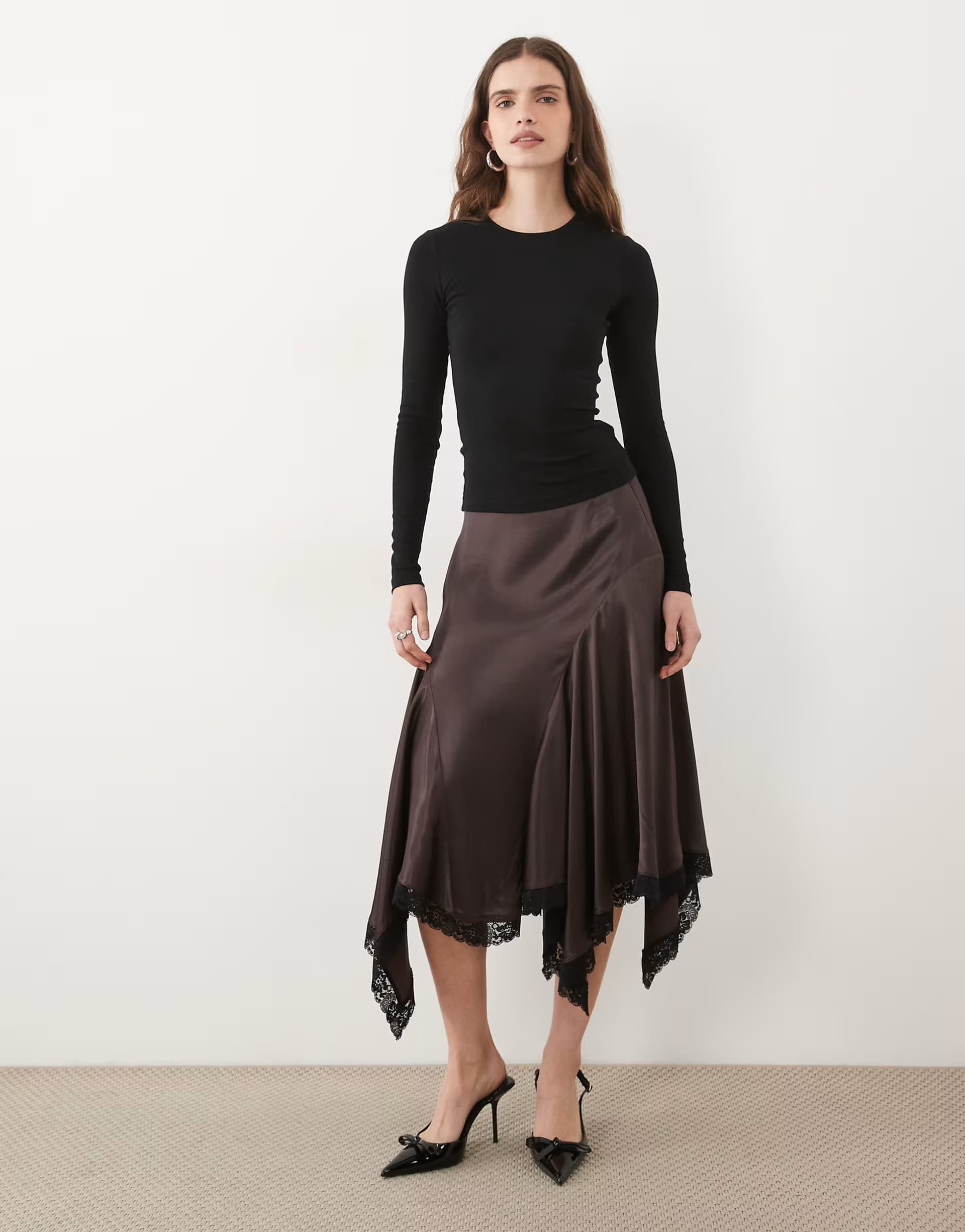 ASOS ASOS DESIGN satin hanky lace hem midi skirt in chocolate