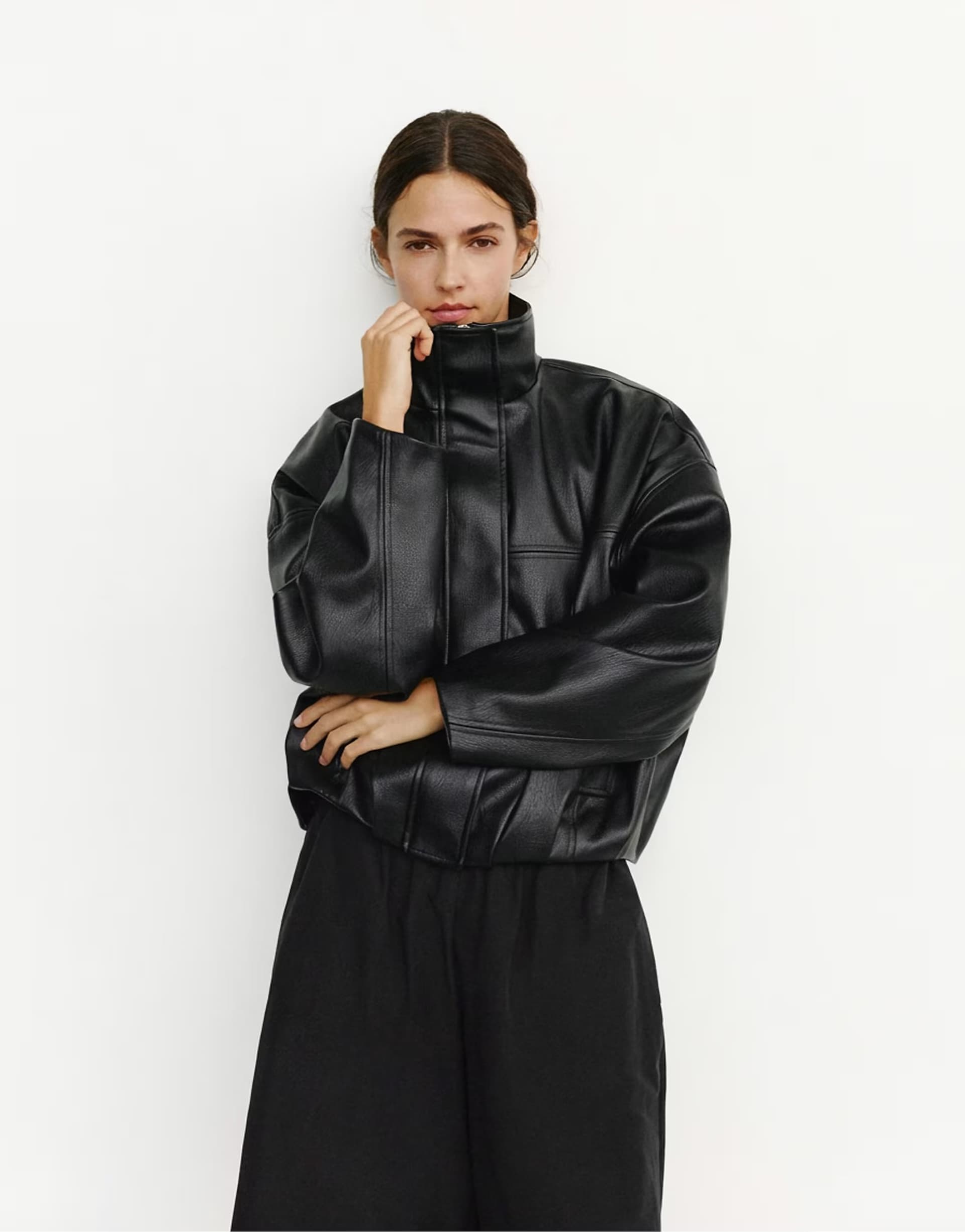 ASOS Pull&Bear Leather effect balloon jacket in black