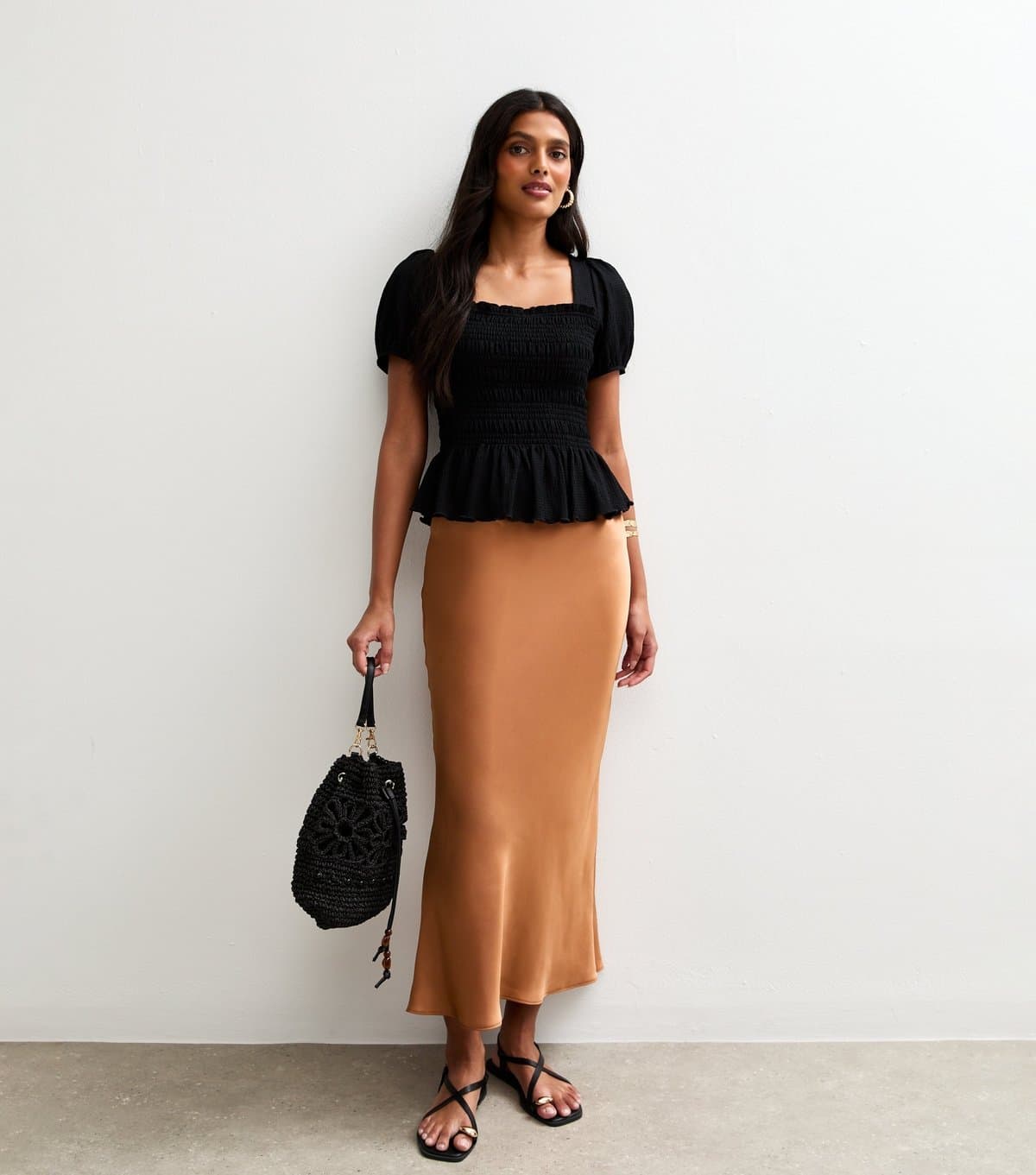 New Look Women's Burnt Orange Satin Bias Cut Satin Midi Skirt New Look