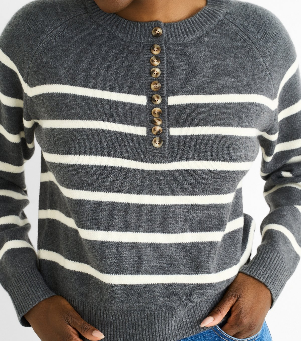 Gini London Women's Grey Striped Button Jumper Gini London New Look - 2