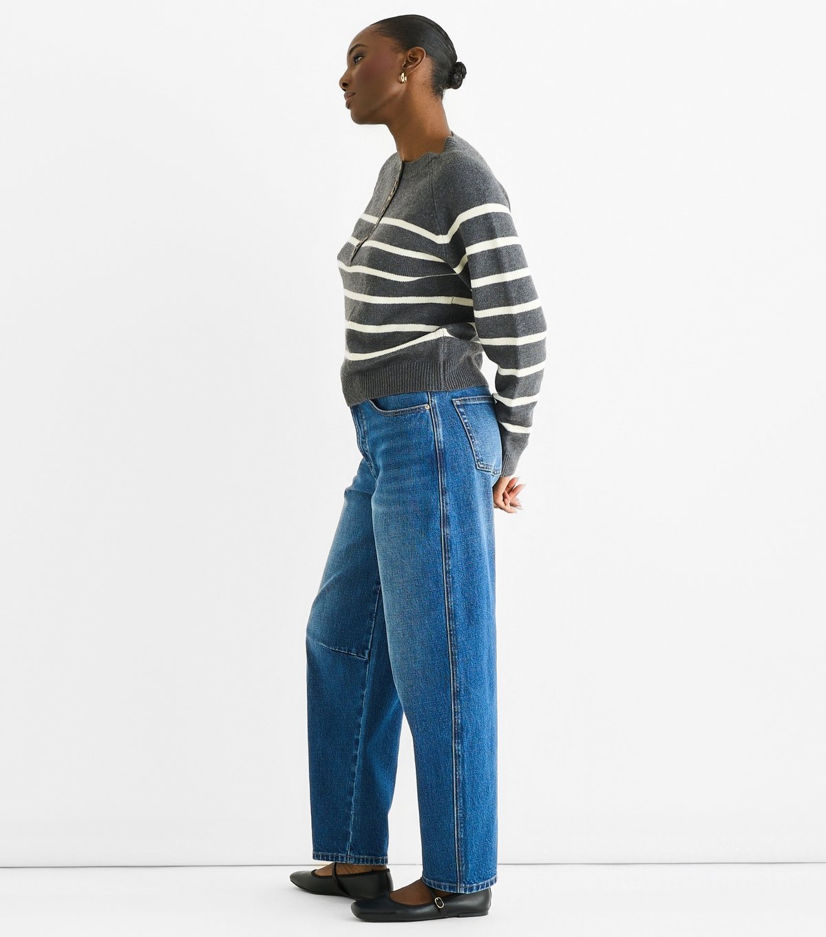 Gini London Women's Grey Striped Button Jumper Gini London New Look - 3