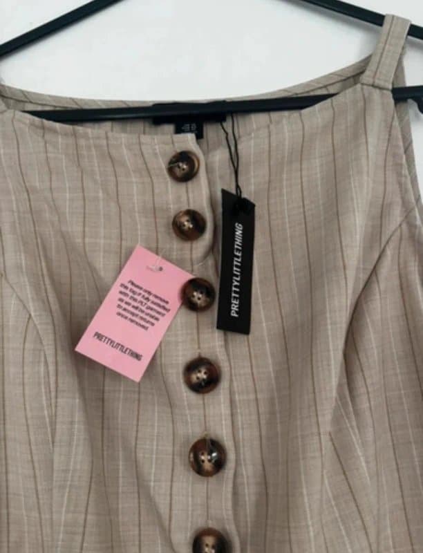 PLT PLT stone pinstripe linen button down peplum hem jumpsuit