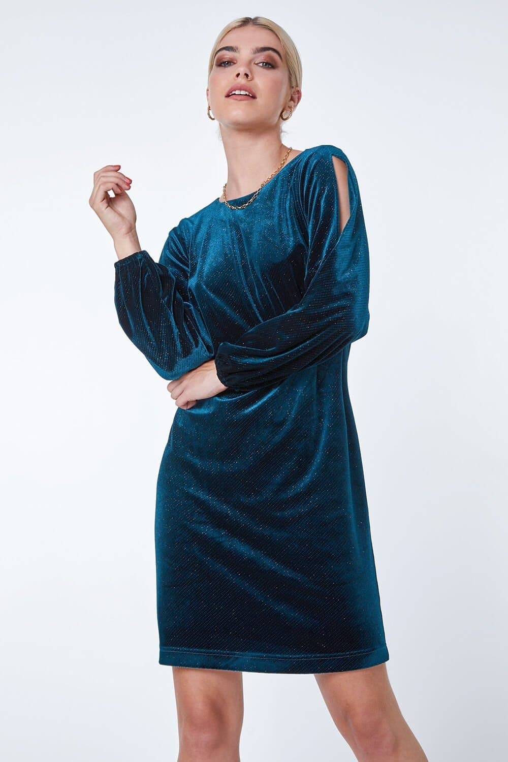 DUSK Dusk Women's Split Sleeve Velvet Mini Dress in Teal