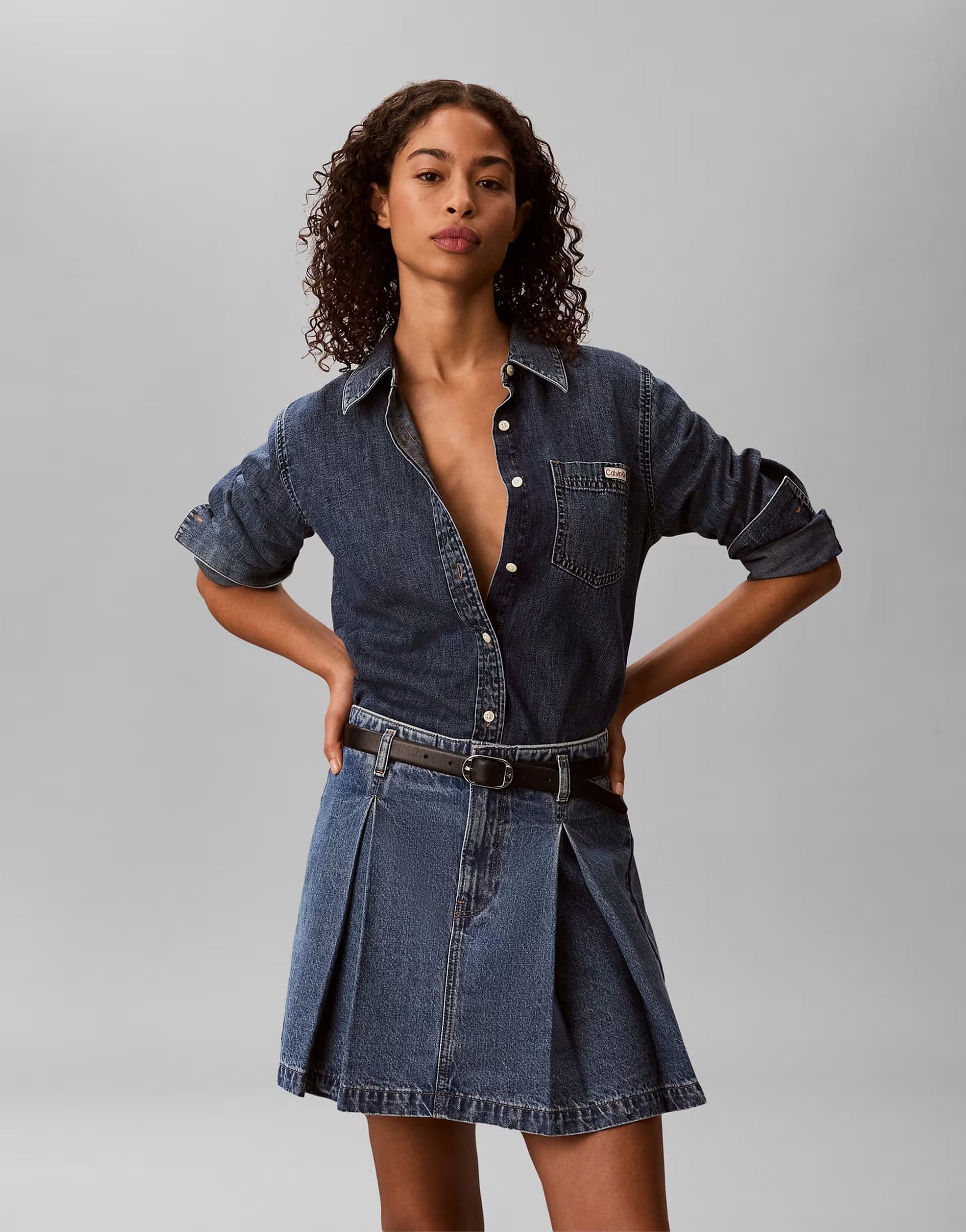 Calvin Klein Jeans Pleated Denim Mini Skirt in Mid Blue