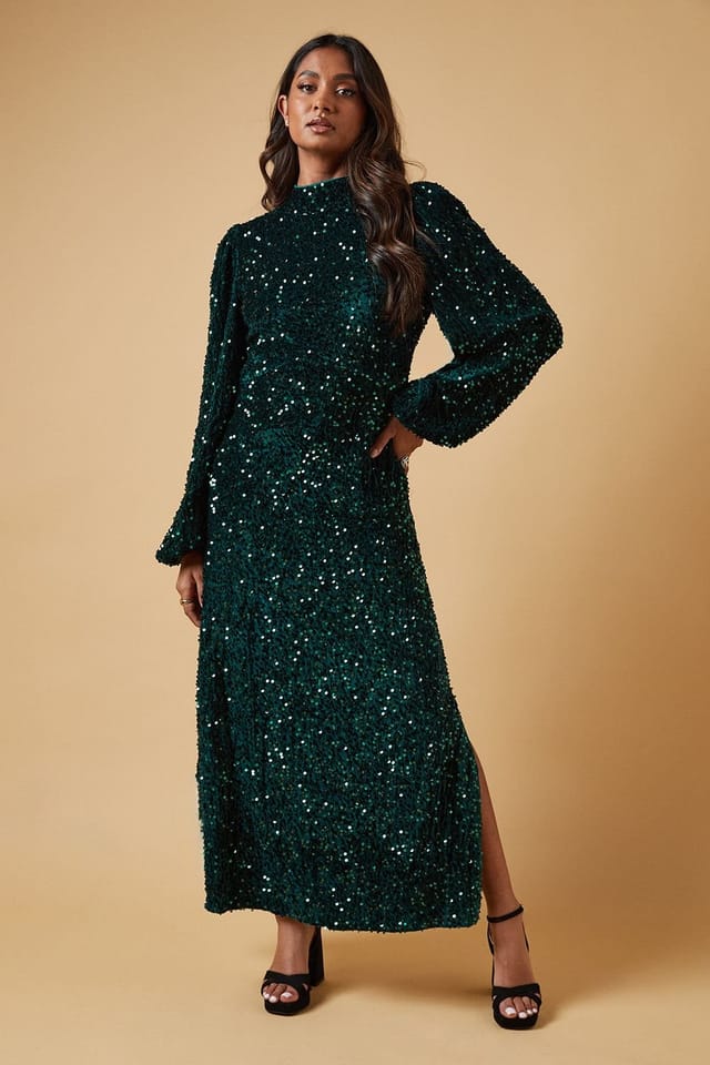 Oasis Oasis Women's Occasion Velvet Sequin High Neck Midi Dress in Green - 2