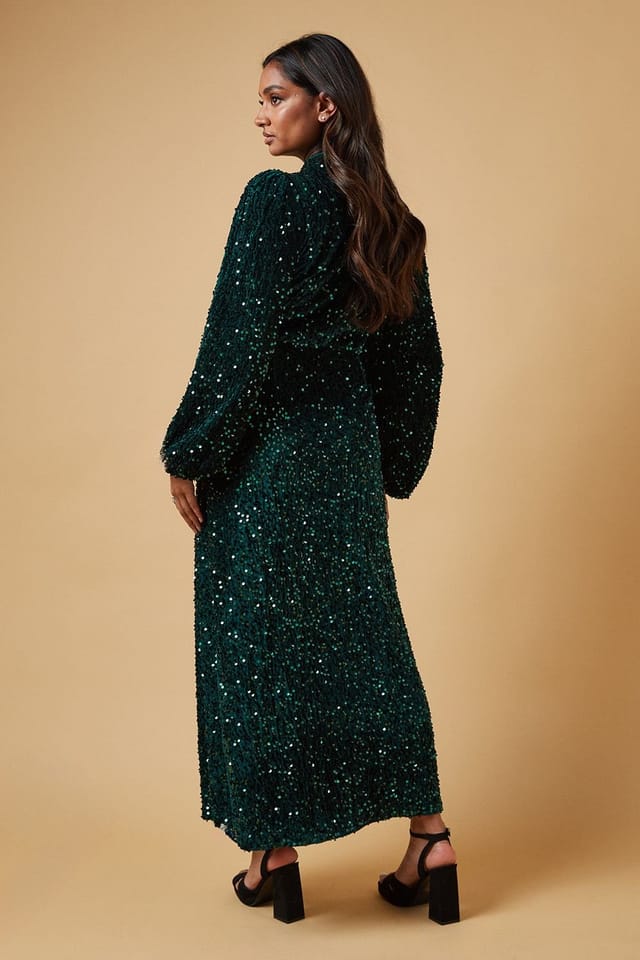 Oasis Oasis Women's Occasion Velvet Sequin High Neck Midi Dress in Green - 3