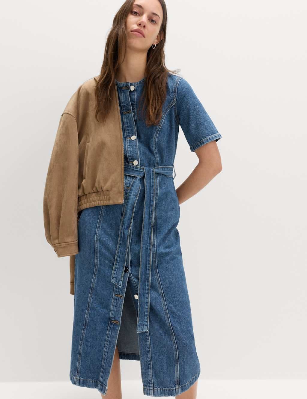 Marks & Spencer M&S Denim Button Through Midi Waisted Dress Medium Indigo