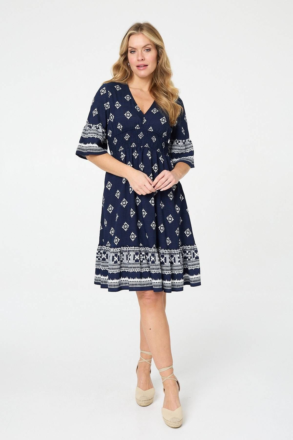 Izabel London Navy Border Print Knee-Length Dress