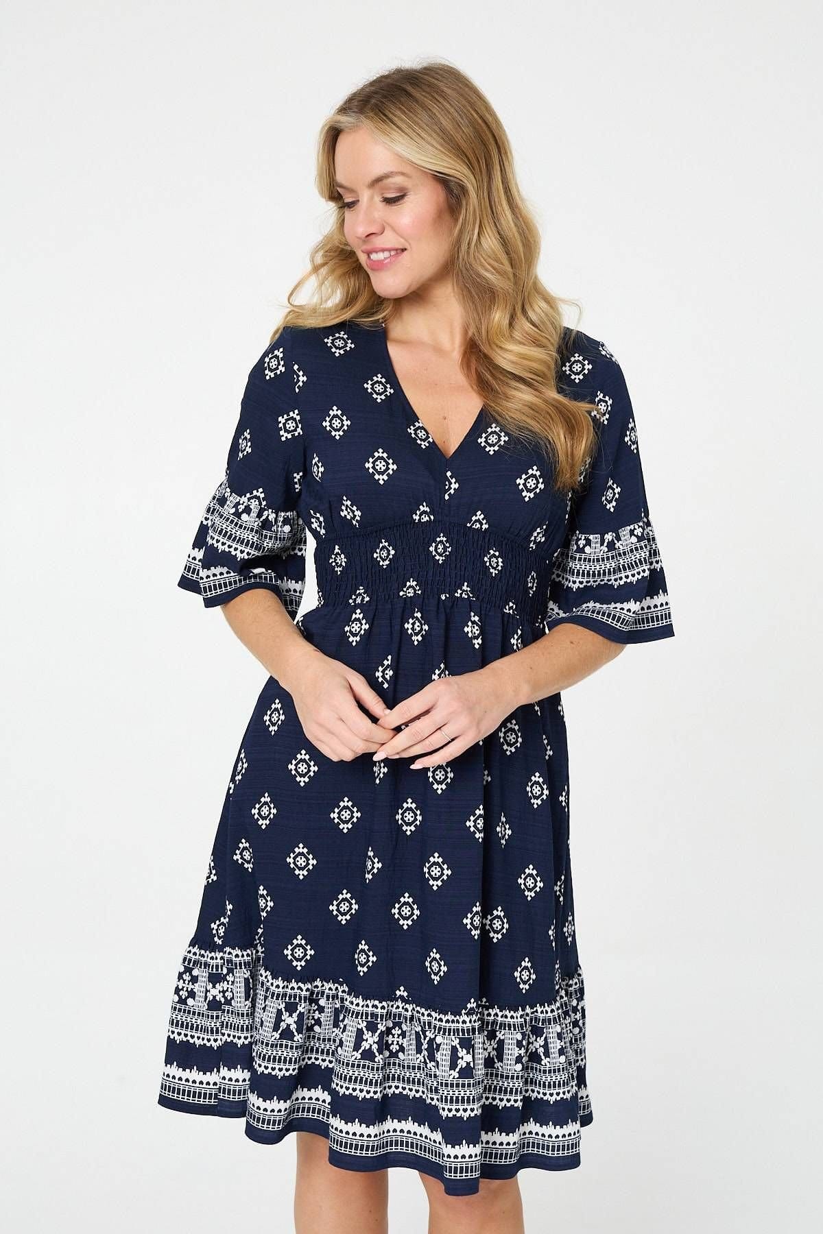 Izabel London Izabel London Women's Half Sleeve Shirred Waist Day-to-Night Dress in Navy - 4