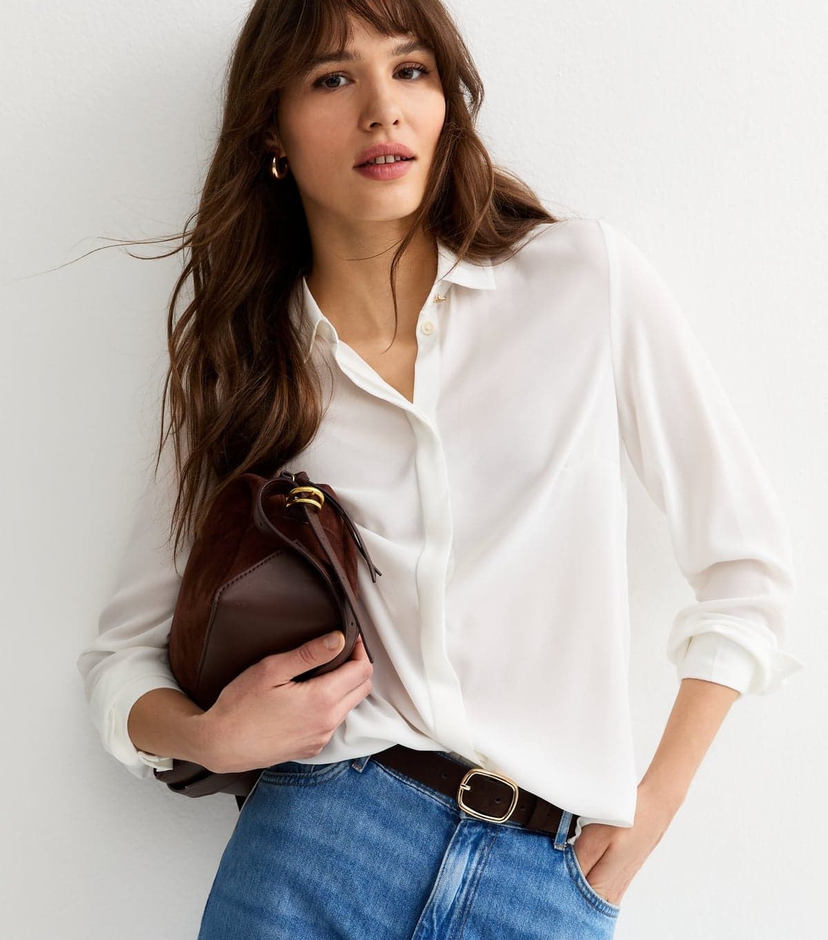 New Look Women's Tall White Button Detail Long Sleeve Shirt New Look