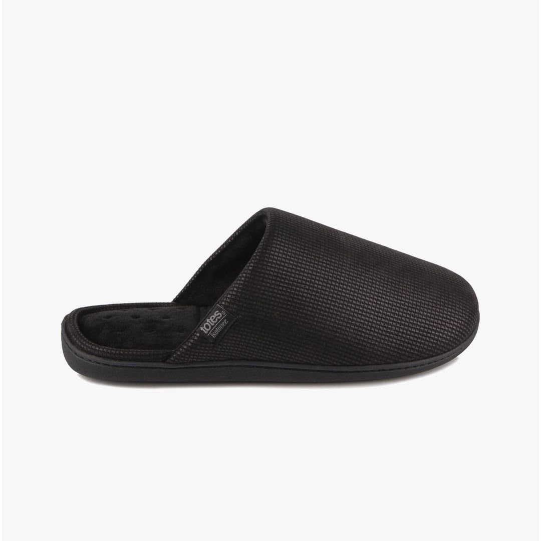 Totes Isotoner Totes Isotoner Men's Black Square Patterned Mule Slippers