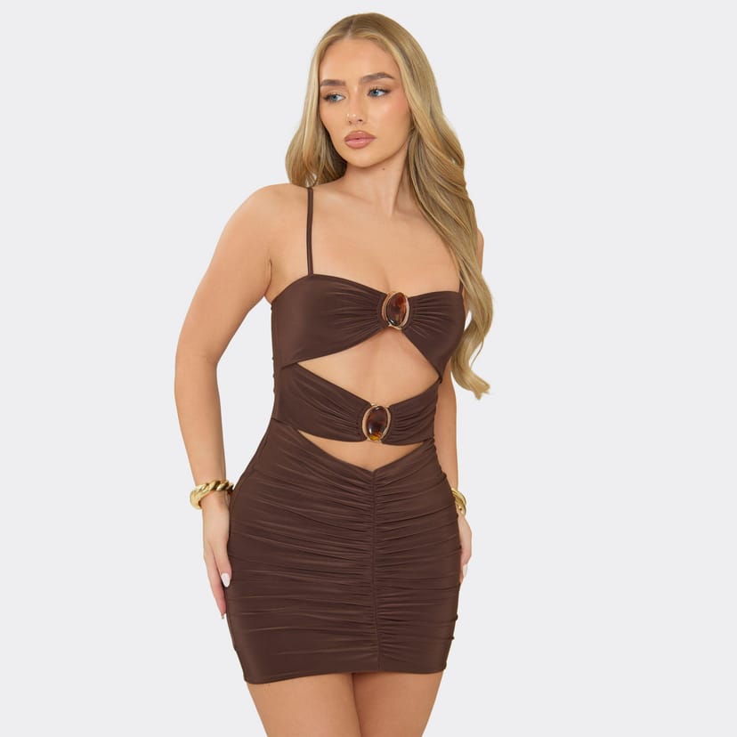 EGO Strappy Cut Out Trim Detail Ruched Mini Dress In Brown, Women's Size UK 6 - 1