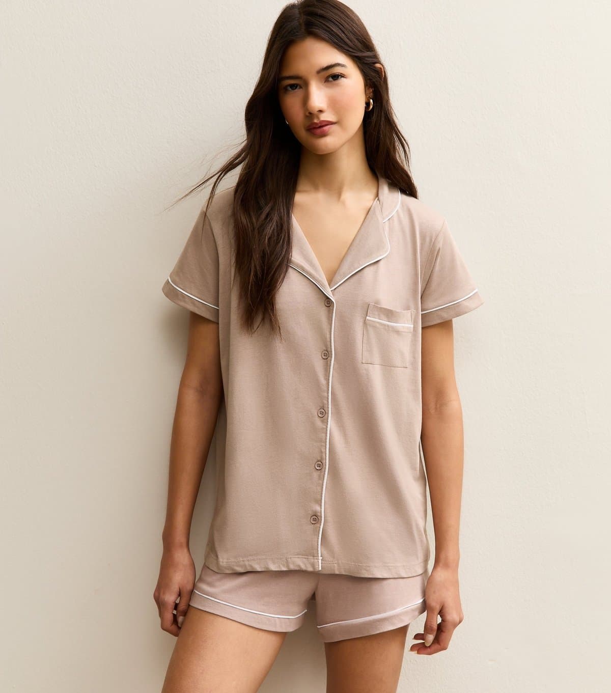 New Look Women's Mink Contrast Piping Shirt And Shorts Pyjama Set New Look
