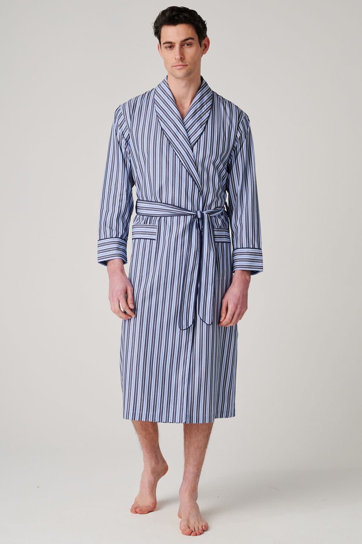 British Boxers British Boxers Men's "Navy Spark Stripe" Crisp Cotton Dressing Gown in Mid Navy