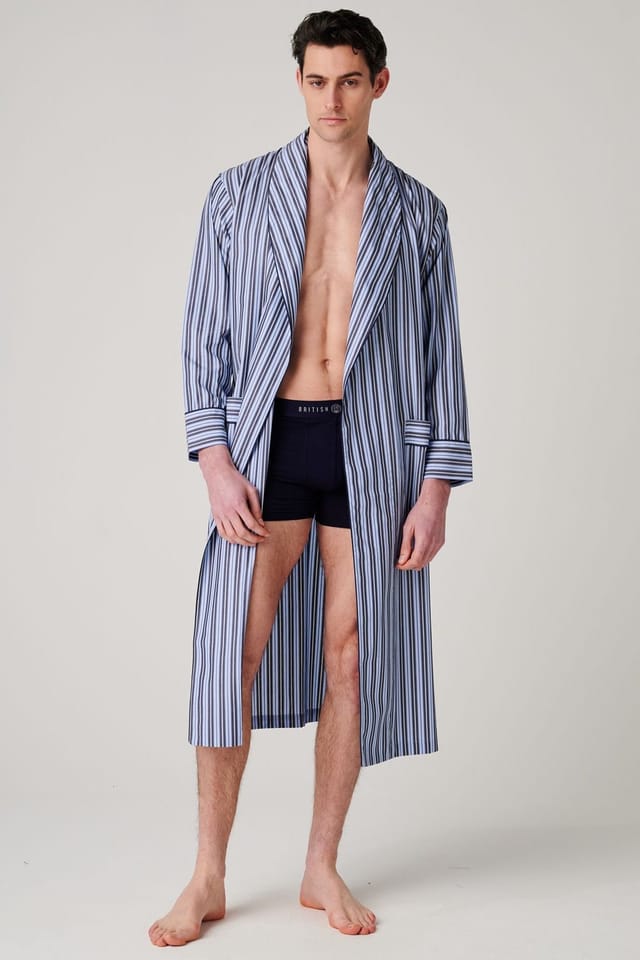 British Boxers British Boxers Men's "Navy Spark Stripe" Crisp Cotton Dressing Gown in Mid Navy - 2