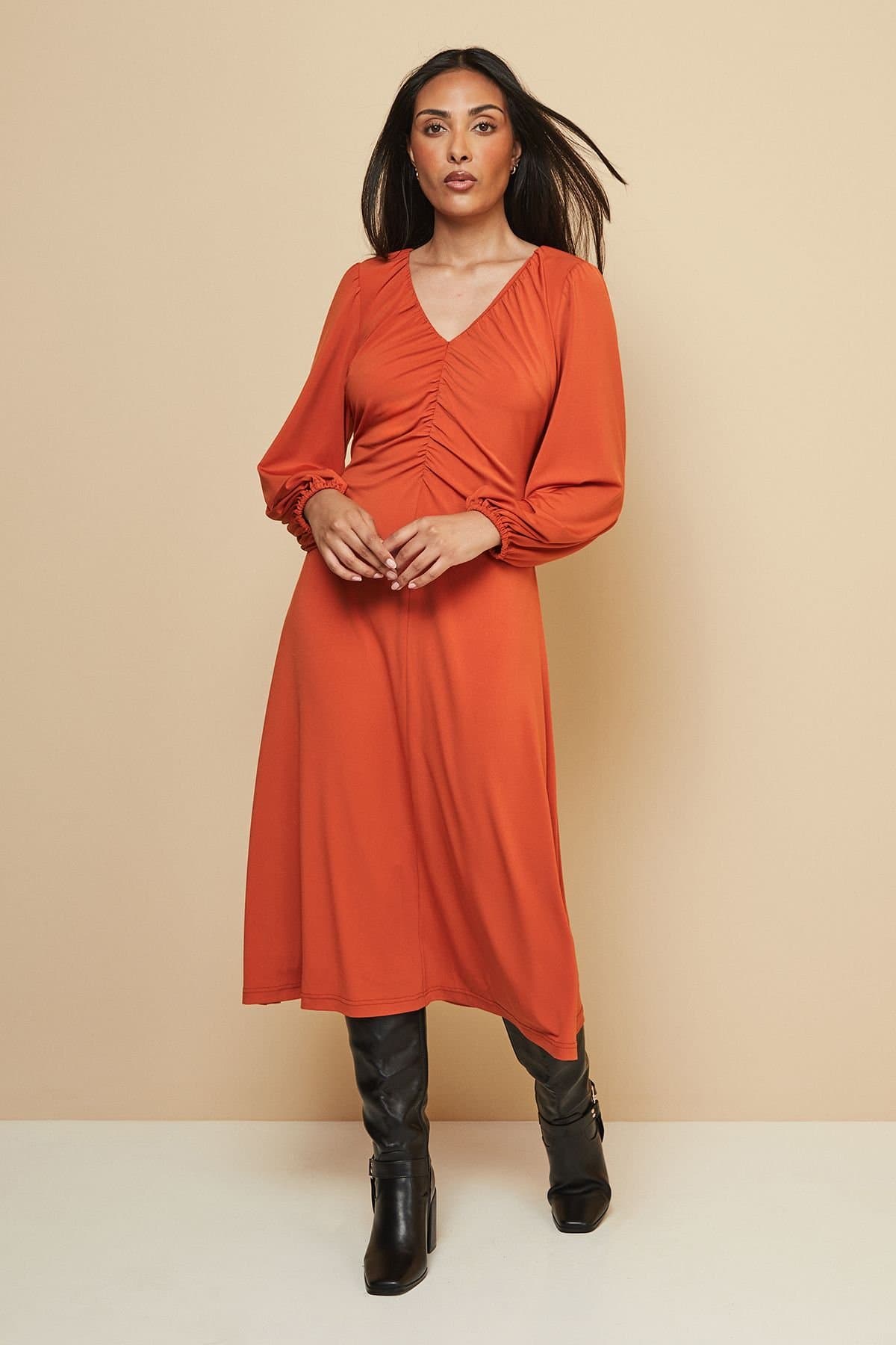 Wallis Wallis Women's Petite Gathered Front Jersey Dress in Rust