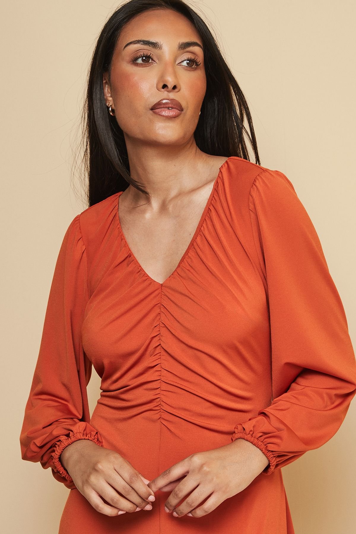 Wallis Wallis Women's Petite Gathered Front Jersey Dress in Rust - 3