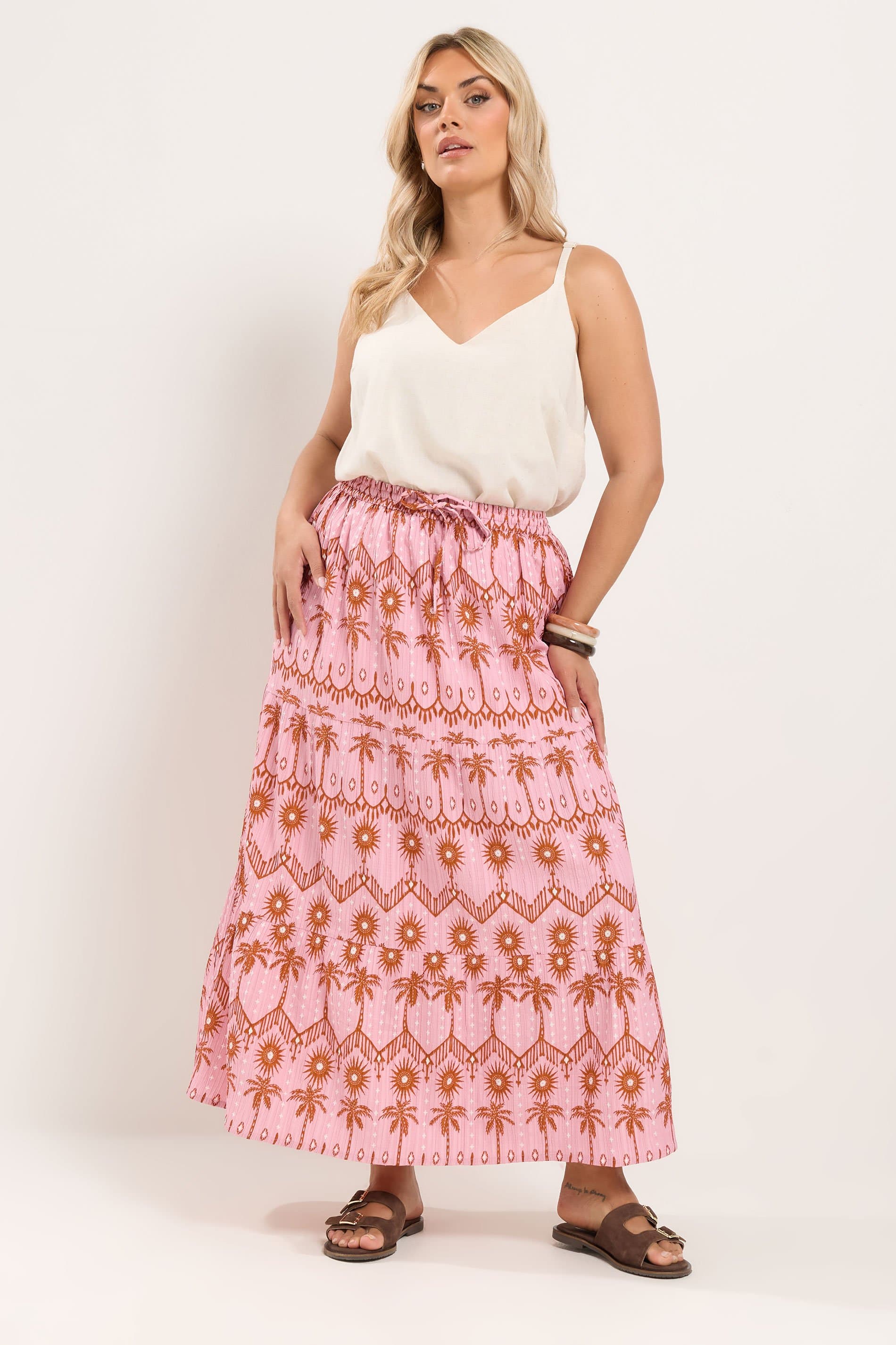Yours Plus Size Pink Palm Tree Printed Skirt