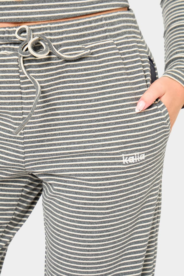 Kaiia Kaiia Striped Fleece Drawstring Wide Leg Trousers Grey Marl & White - 2