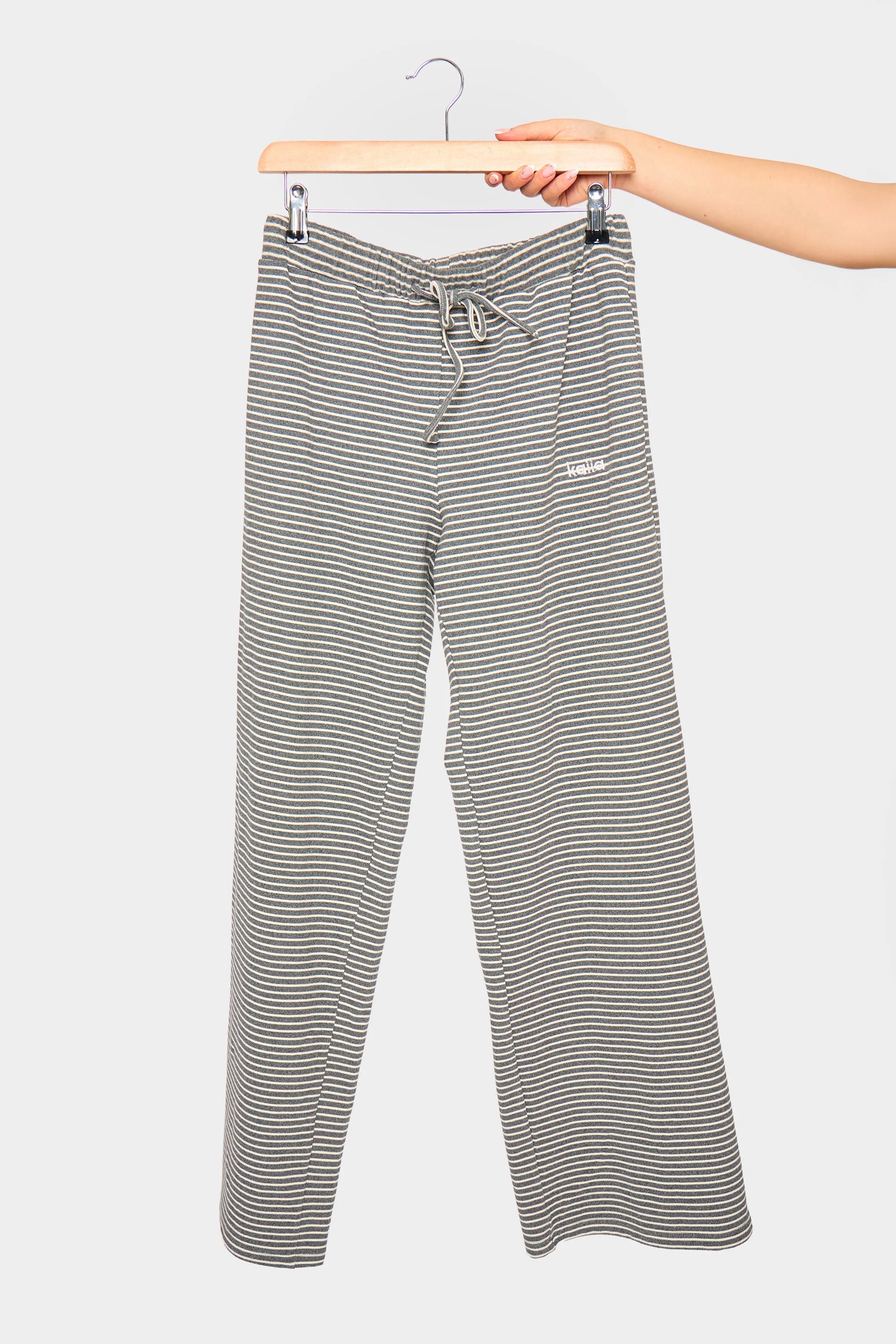 Kaiia Kaiia Striped Fleece Drawstring Wide Leg Trousers Grey Marl & White - 4