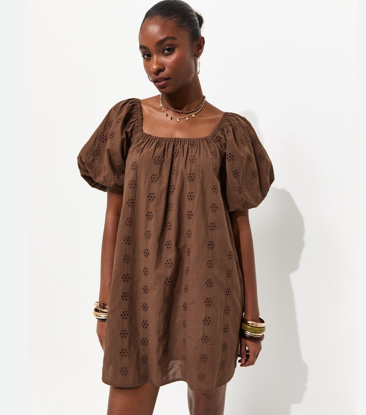 New Look Women's Dark Brown Cotton Puff Sleeve Smock Mini Dress New Look