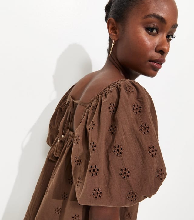 New Look Women's Dark Brown Cotton Puff Sleeve Smock Mini Dress New Look - 2