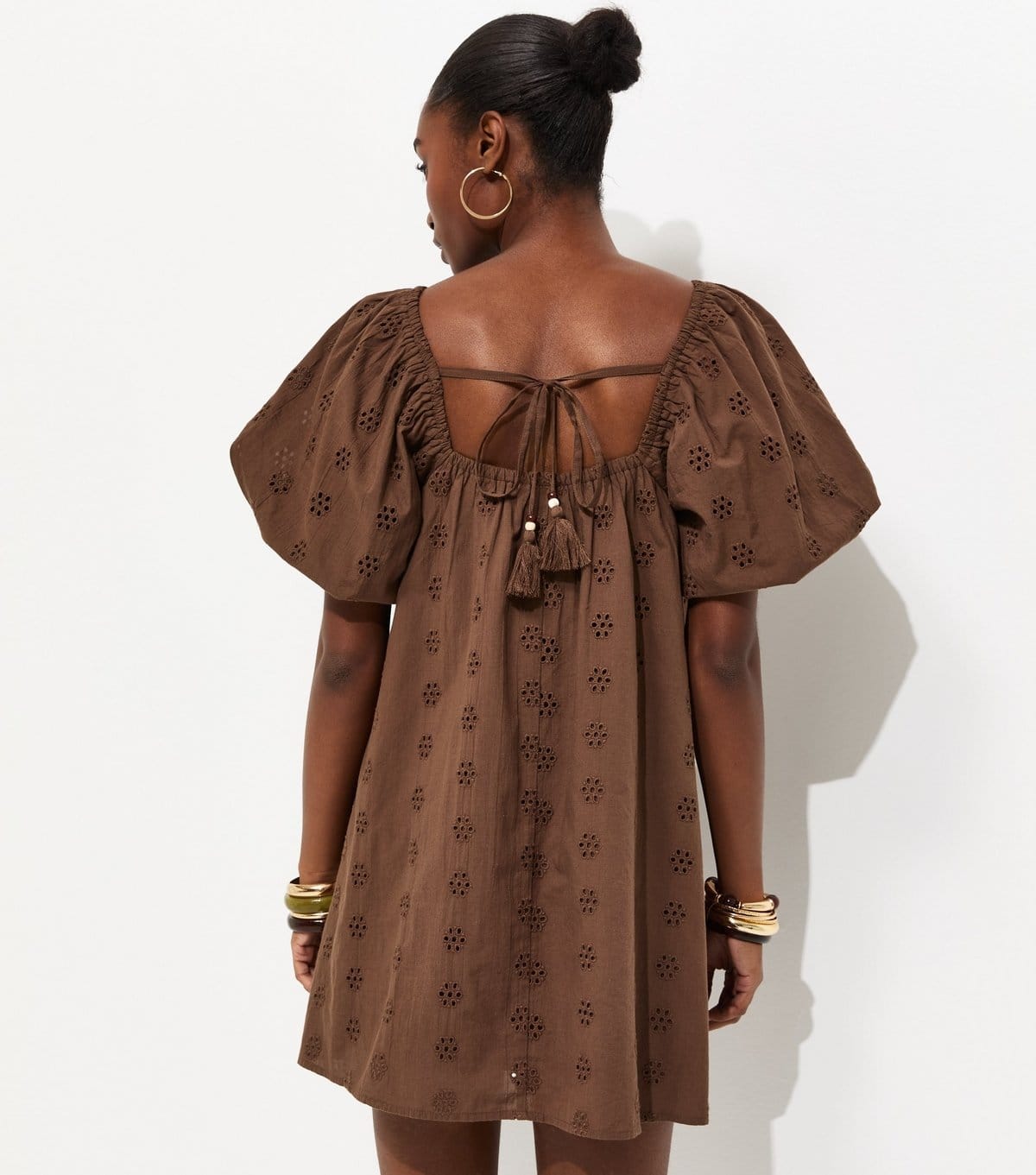 New Look Women's Dark Brown Cotton Puff Sleeve Smock Mini Dress New Look - 4