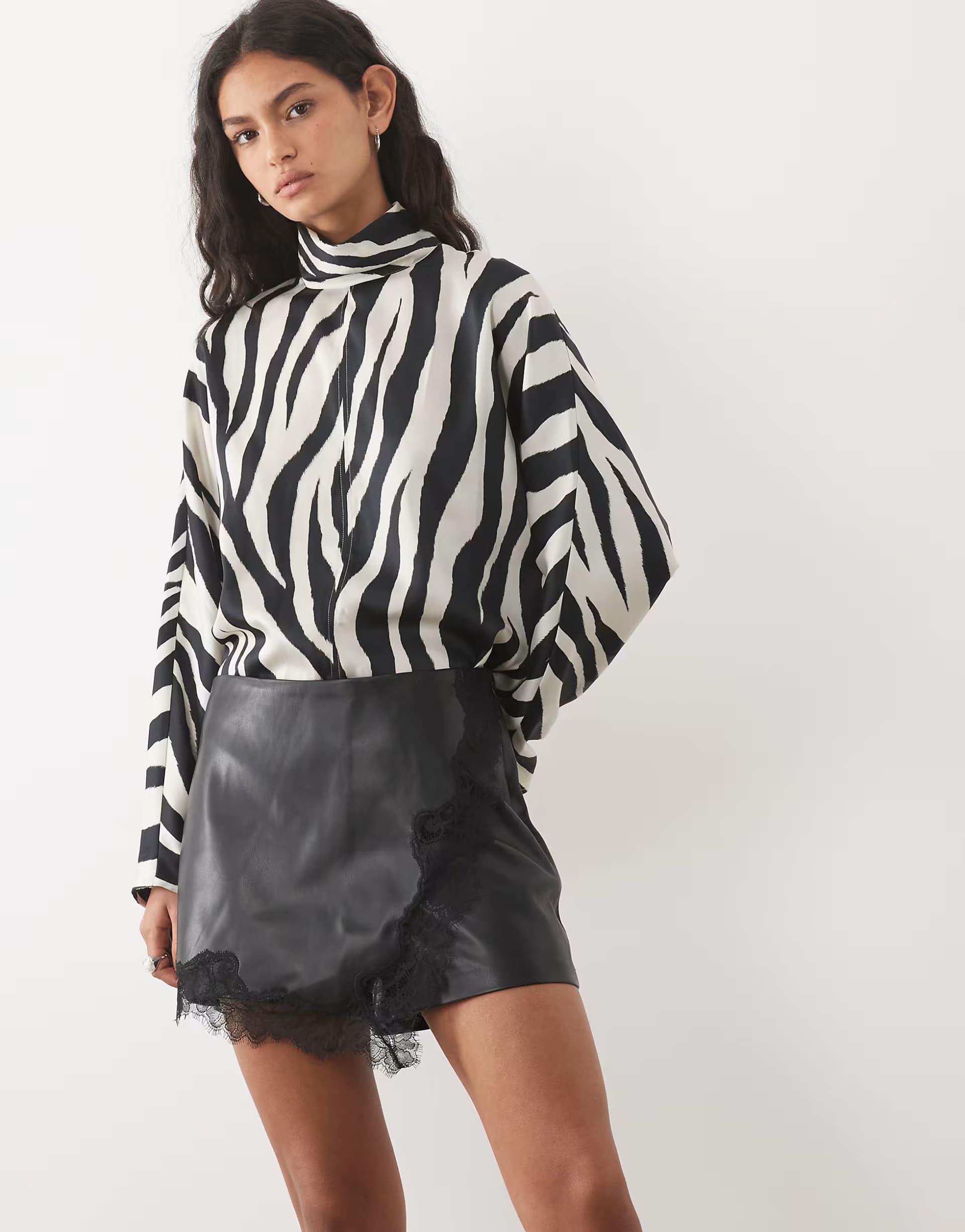 ASOS Mango faux leather mini skort with lace trim in black 